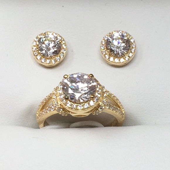 Halo Engagement Ring Sz 8 Earrings Set Diamonique